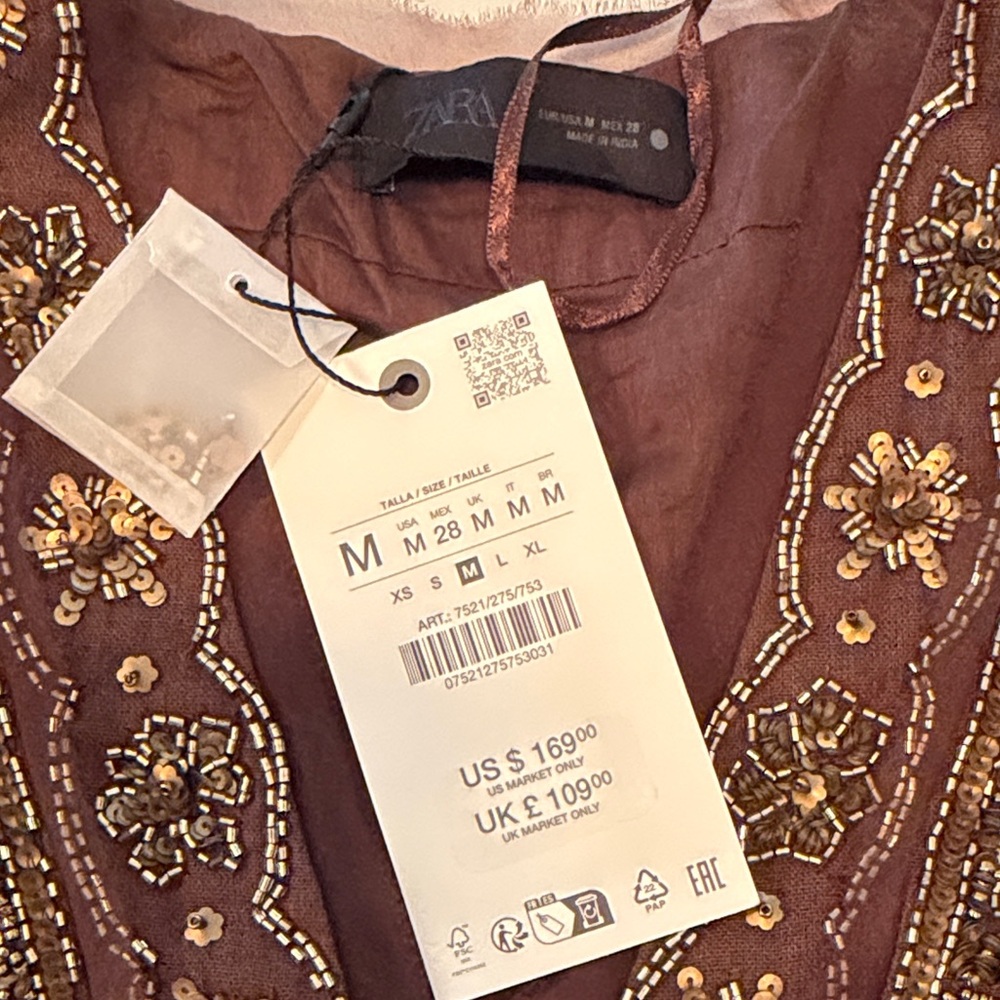 Zara Brown Embroidered Lace-Up Top with Metallic Accents - Picture 4 of 4